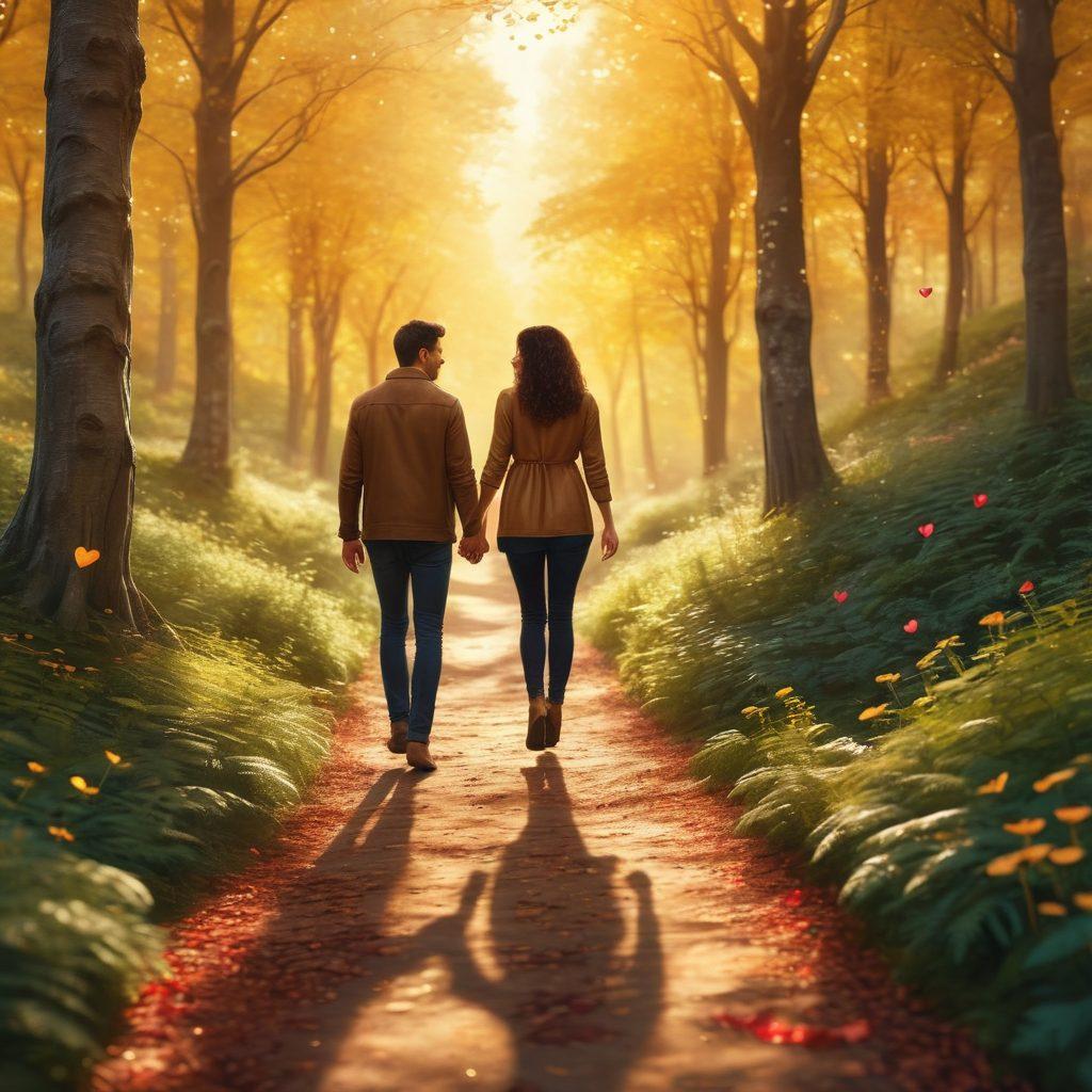 A couple walking hand-in-hand through a whimsical, dreamy forest path with soft, golden sunlight filtering through the trees, symbolizing the journey from first dates to lifelong commitment. A timeline of small hearts subtly fades into larger, more radiant hearts, aligning along the path they walk. super-realistic. vibrant colors. slight bokeh effect.