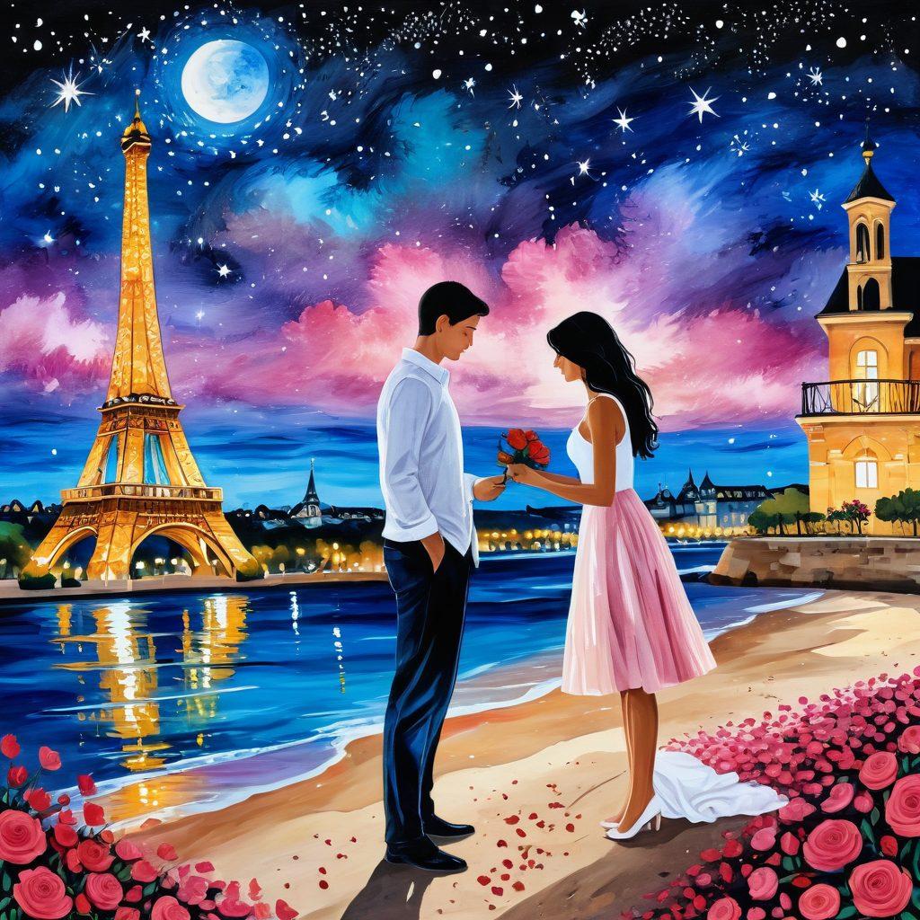 Two lovers in an intimate embrace under a starry night sky, with a backdrop of enchanting landscapes depicting various romantic settings like Paris, a serene beach, and a cozy countryside. Elements of handwritten love letters and rose petals scattered around. Painting. Vibrant colors.