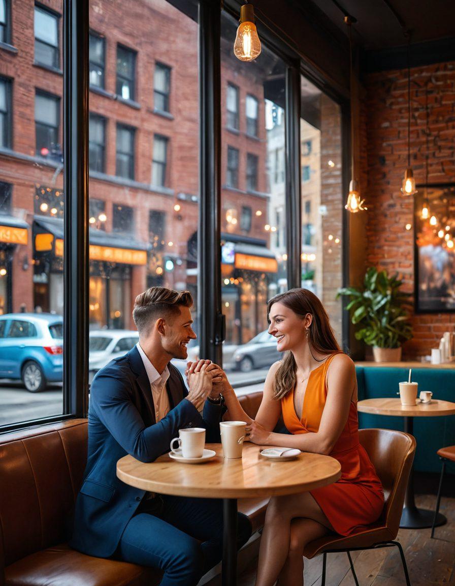 A modern couple flirting at a stylish coffee shop, with sparks in their eyes and subtle body language showing playful bonding amidst a vibrant urban setting. Background elements include cityscape through large windows, contemporary decor, and warm ambient lighting. super-realistic. vibrant colors.